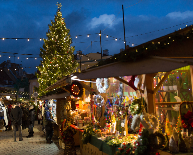 Christmas market stalls selling wreaths from Cornwall's Christmas market